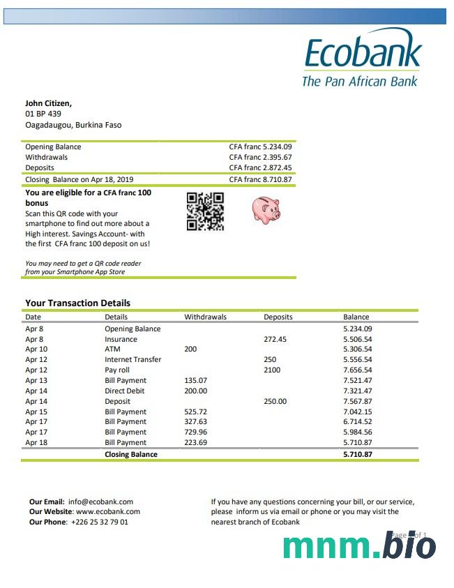 Wyciąg bankowy Burkina Faso Ecobank łatwy do wypełnienia szablon w formacie Excel i PDF